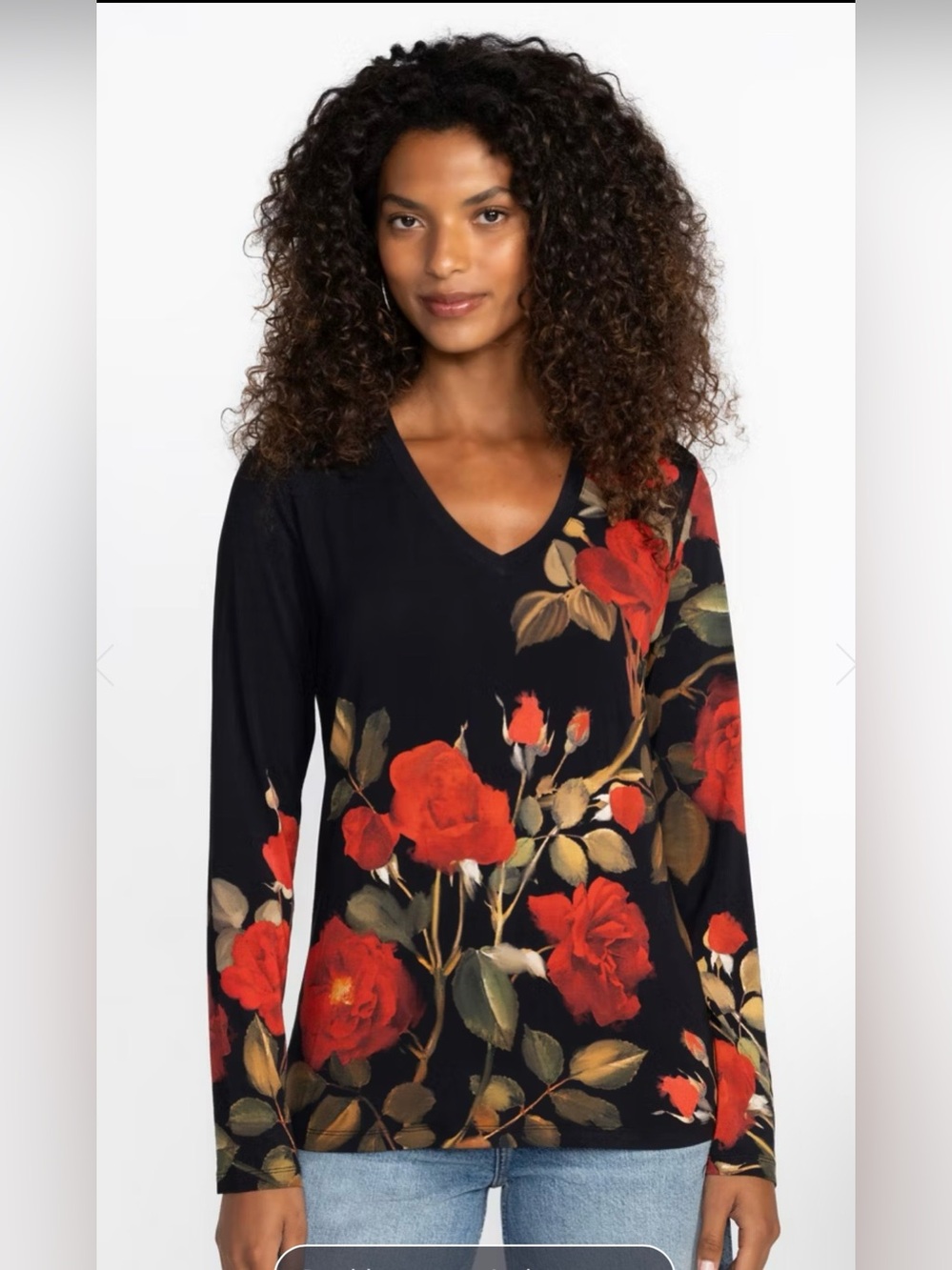 JOHNNY WAS The Janie Favorite Long Sleeve V-Neck Tee Red Roses - Size m